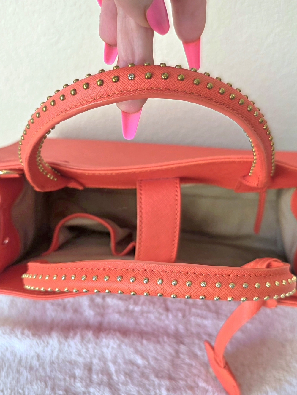 π§‘ Kenneth Cole Coral Orange Top Handle Gold Studded Tote Bag Detachable Strap - Picture 5 of 13